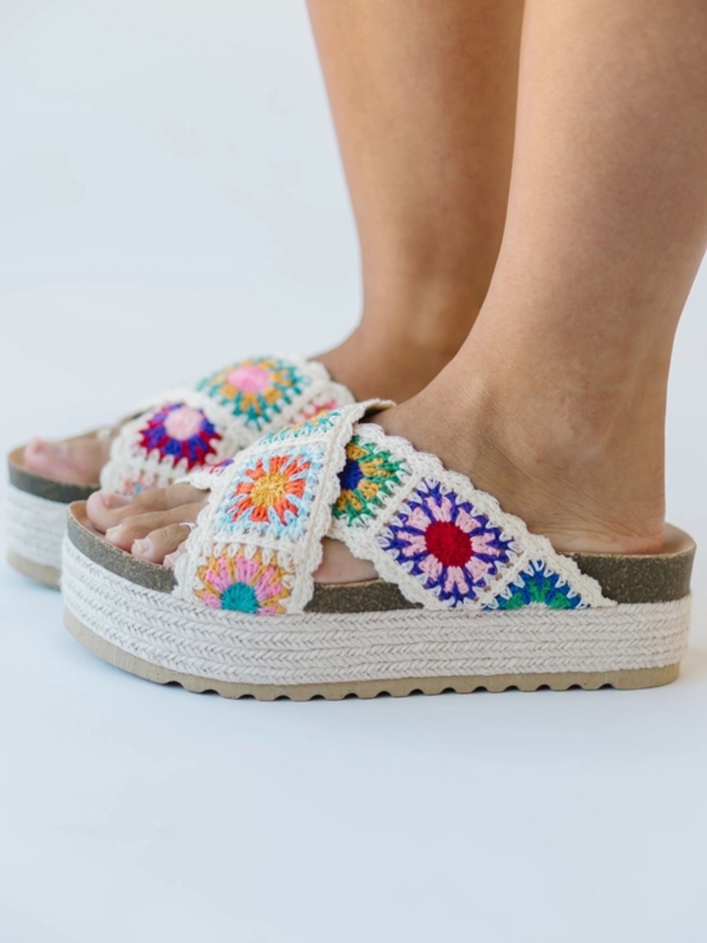 Dirty Laundry Crochet Platform Slide Sandals in Cream with Multicolor Accents